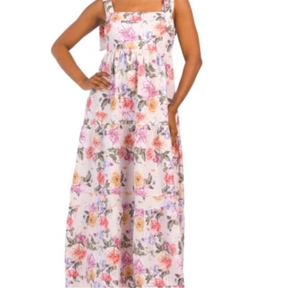 LEA Linen Blend Floral Maxi Dress With Striped Border